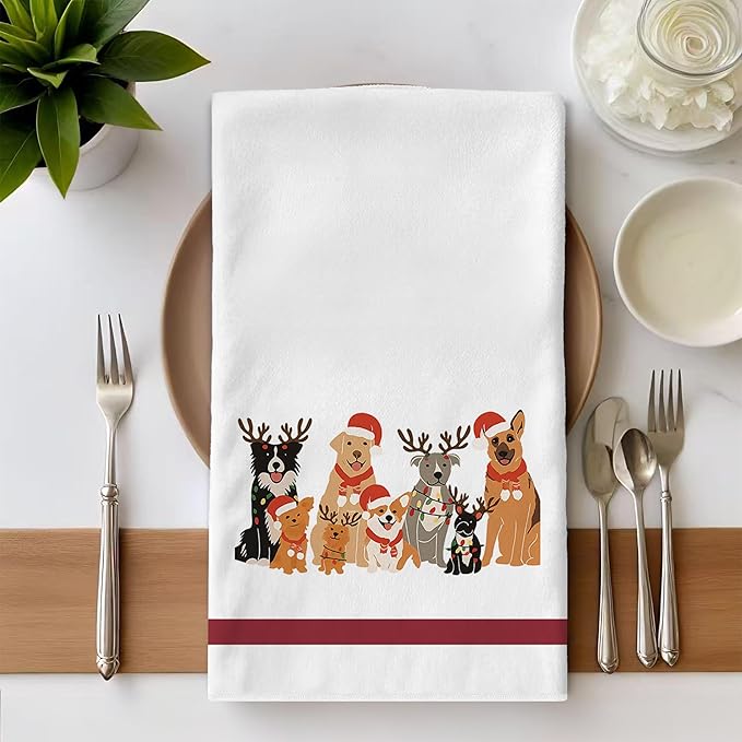 Dog Christmas Kitchen Towels - Funny Dog Lovers Gifts Decor, Corgi Pitbull Labrador Retriever Christmas Hand Towels Dishcloth for Kitchen Bathroom Decorative, 16x24 Inch