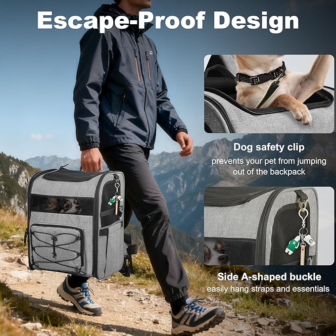 Dog Carrier Backpack for Small Dogs - Breathable Mesh Hiking Bag with Safety Buckle, Adjustable Straps and Standard Pad - Durable for Hiking (Fits Small Cats Too, Up to 17lbs, Gray)