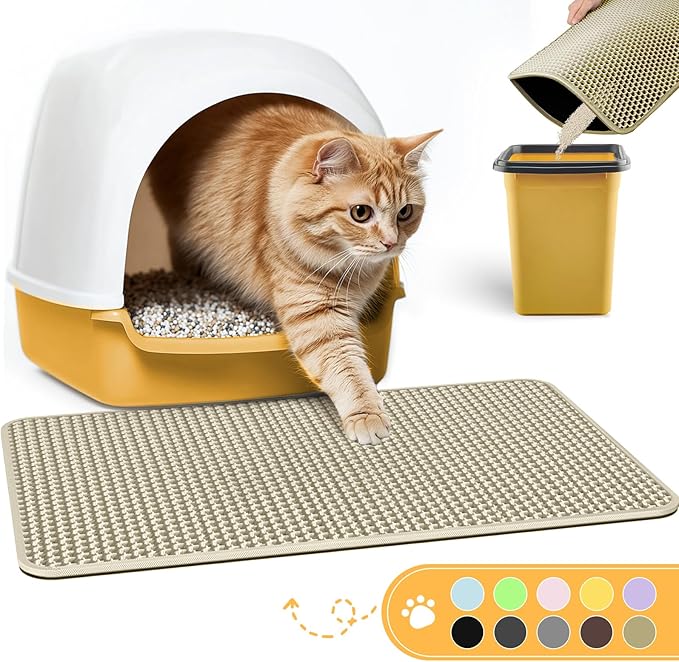 Cat Litter Mat - 30'' x 24'' Large Litter Trapping Mat, Easy to Clean Litter Box Mat, Waterproof, Urine-Proof, Non-Slip, Cat Toilet Training Systems Accessories, Beige