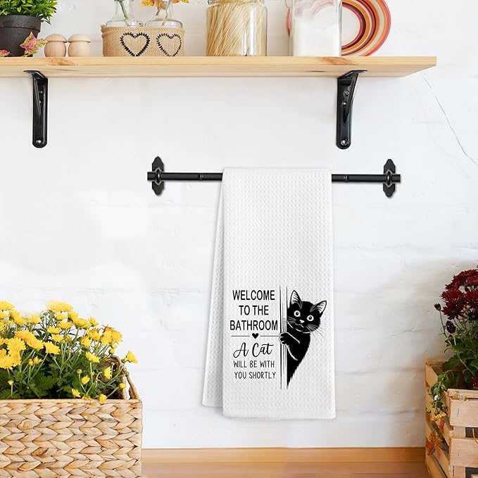 Funny Black Cat Hand Towels for Bathroom, A Cat Will Be with You Shortly Hand Towels, Black Cats Welcome to the Bathroom Dish Tea Towel Decor, Cats Gifts for Women Men, 16x24 Inch