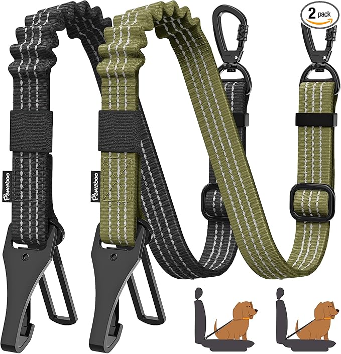 Pawaboo 2Pack Dog Seatbelt for Car, 3-in-1 Dog Car Seat Belt, Shockproof Dogs Tether with Buckle & Hook Latch, Adjustable Reflective Dogs Cars Leash with 360° Lockable Buckle, Army Green + Black