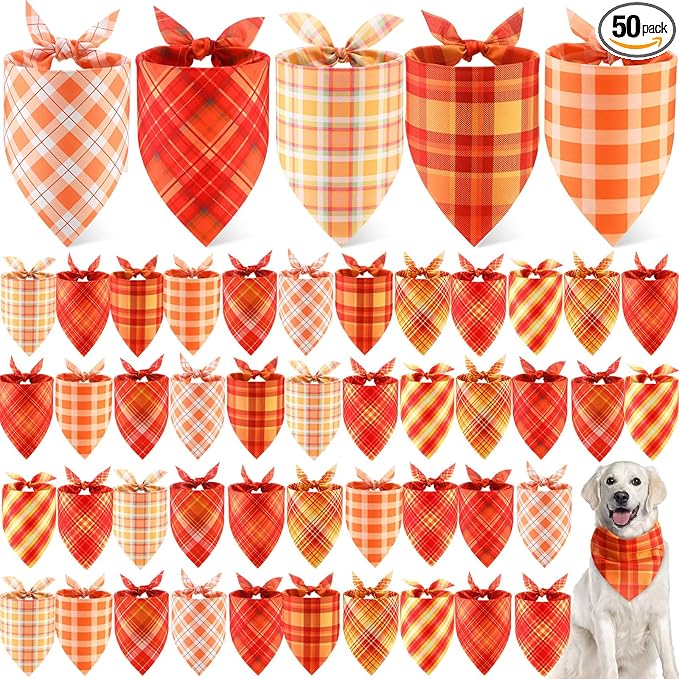 Weewooday 50 Pcs Thanksgiving Fall Dog Bandanas Bulk Plaid Bandanas for Dogs Autumn Soft Doggie Bibs Triangle Scarves for Small Medium Large Pet Costume(Plaid Pattern, 31.5 x 21.7 X21.7 Inch)
