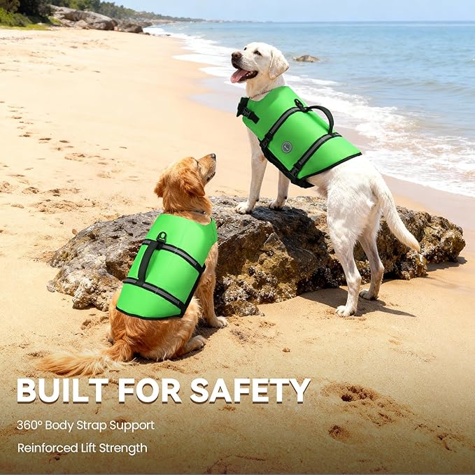 VIVAGLORY Rip Stop Dog Life Vest, Swimming Vest with Handle, Buoyancy for Doggy Puppy, Dog Life Jacket for Swimming & Boating, S, Bright Green
