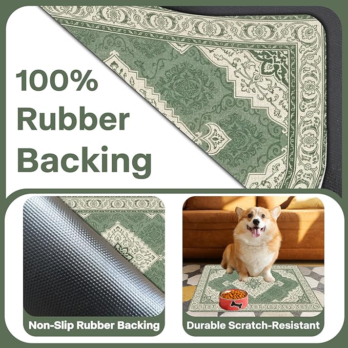 Pet Dog Cat Food Mat, Absorbent Dog Bowl Mats for Food and Water, Non Slip Boho Dogs Cat Placemats Feeding Mat for Floors Indoor Puppy Pet Accessories Supplies 12 * 20 inch, Retro Green