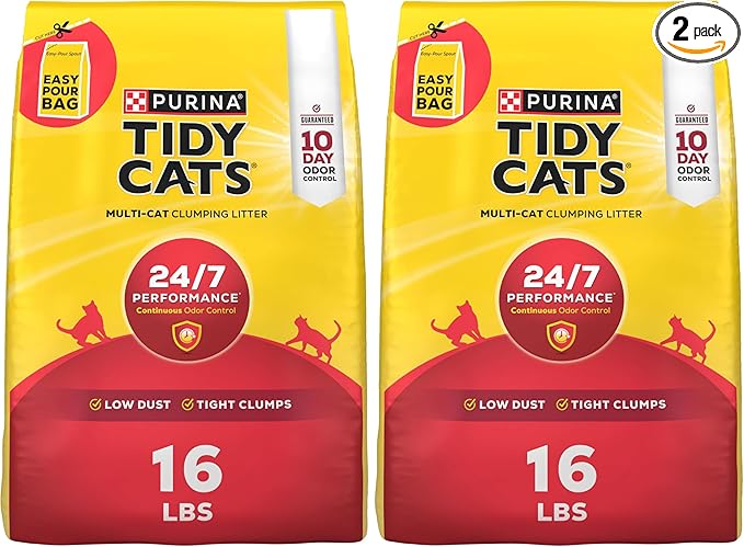 Purina Tidy Cats Clumping Cat Litter Odor Control, 24/7 Performance Multi Cat Litter - 16 lb. Bag (Pack of 2)