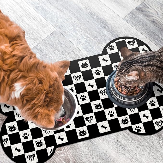 Pet Dog Cat Food Mat, Absorbent Bone Shaped Dog Bowl Mats for Food and Water, Non Slip Cute Footprint Dogs Cat Placemats Feeding Mat for Floors Puppy Pet Accessories Supplies 17"x30" Black White