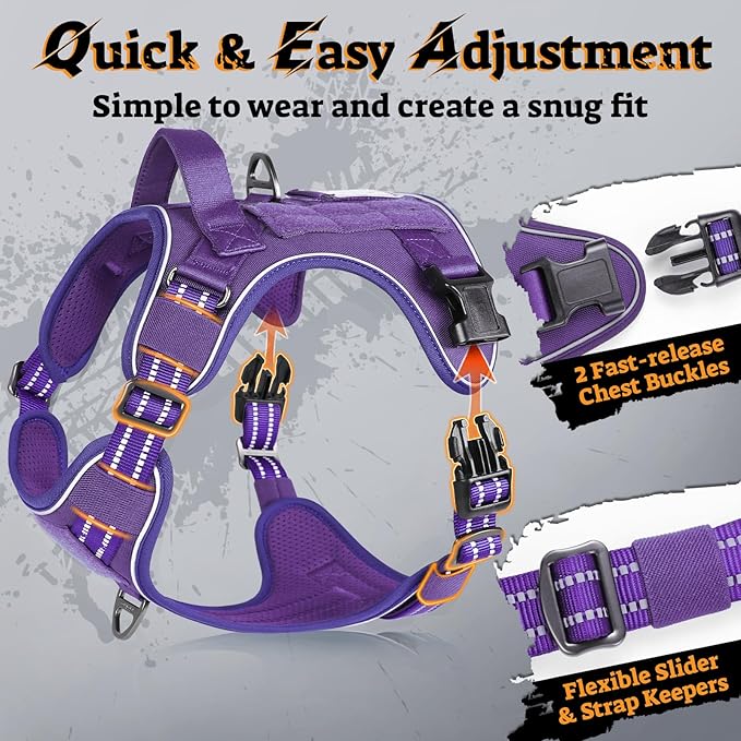 rabbitgoo Tactical Dog Harness for Large Dogs No Pull Adjustable Military Vest with Handle MOLLE Reflective Heavy Duty Dog Vest for Walking Training Hunting Outdoor Working Medium Size Dog Purple M