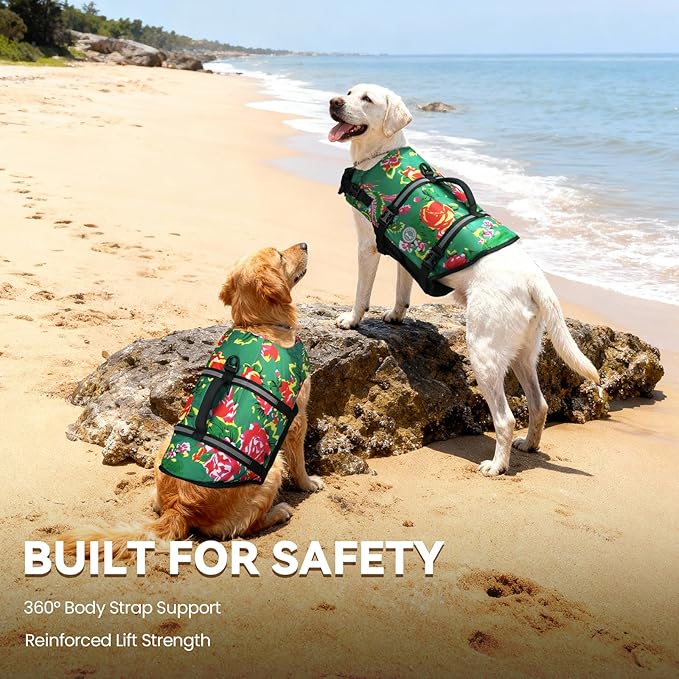 VIVAGLORY Rip Stop Dog Life Vest, Swimming Vest with Handle, Buoyancy for Doggy Puppy, Dog Life Jacket for Swimming & Boating, XS, Northeast Florals-Green
