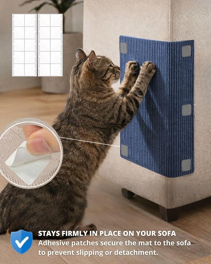 Corner & Wall Cat Scratch Mat, Self-Adhesive Trimmable Cat Scratcher, Wall Mounted Scratching Pad for Indoor Cats, Sofa Furniture Protector, Cat Post Cover Replacement (Blue, 23.6''x11.8'', 3-Pack)
