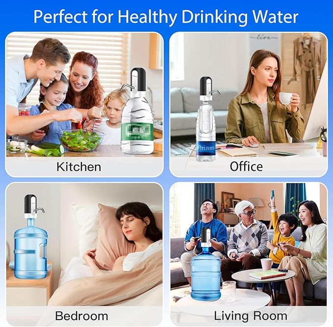 Water Dispenser for 5 Gallon Bottle, USB-C Electric Water Pump for 5 Gallon Jugs and Bottles, Portable Automatic Drinking Water Dispenser for Camping, Travel, Black