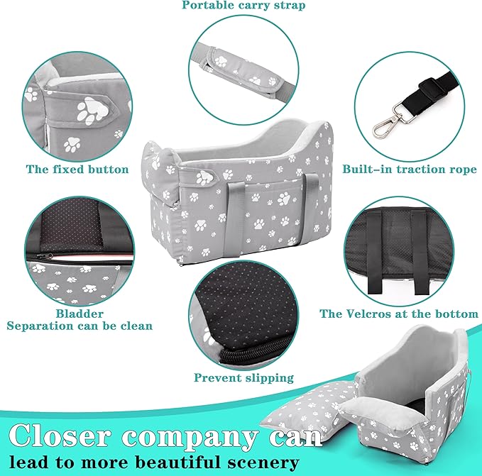 Center Console Dog Car Booster Seat for Small Dogs 0-15 lbs - Grey Pet Travel Carrier Safety Leash, Detachable Seat Belt & Storage Pockets