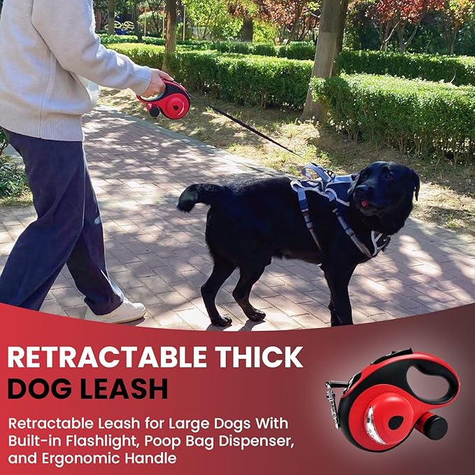 Best Dog Supplies Retractable Thick Dog Leash for S, M, Large Dogs with Bag Dispenser and Flashlight, 26ft/8M for Dogs up to 110lbs Pet Leash One Button Break Retractable Color - Red