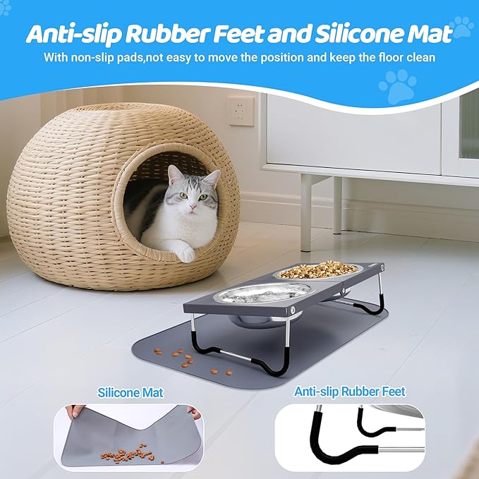 Upgraded Elevated Cat Bowls with Food Mat,10°Tilted Foldable Stand Anti Vomiting Raised Cat Dishes for Food and Water,2 Stainless Steel Bowls for Cats and Puppy(with Mat)