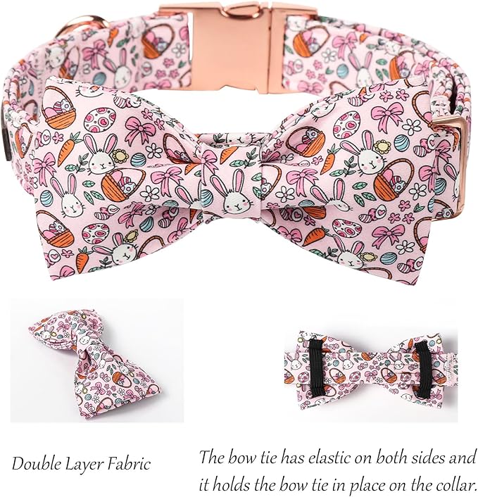Lionet Paws Easter Dog Collar, Pink Rabbit Dog Collar for Large Dogs with Bowtie, Adjustable Cotton Eggs Bowtie Pet Collars for Large Dogs