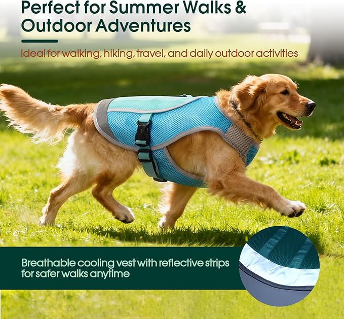 Kuoser Dog Cooling Vest for Summer, Lightweight Dog Cooling Harness Shirt with Breathable Mesh, Reflective Cooler Jacket Pet Cool Vest for Small Medium Large Dogs, Hot Weather, Beach, Hiking, Walking
