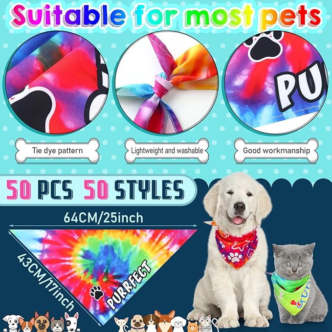 Huhumy 50 Pcs Tie Dye Dog Bandanas Bulk Pet Bibs Colorful Triangle Scarf Tie Dye with Sayings Pet Bandanas for Medium Large Dogs Spring Summer Birthday Costume Decor
