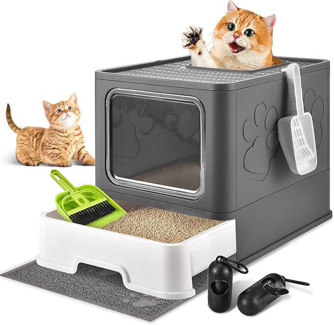 Covered Cat Litter Box with Litter Mat, Foldable Extra Large Dual Entry Adjustable Door, Drawer Design Enclosed Kitty Litter Box, Odor Control Anti-Splashing Easy Cleaning (Dark Grey)