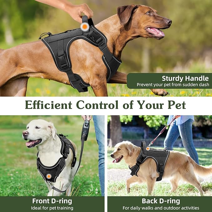 VavoPaw Heavy Duty Tactical Dog Harness for Large Dogs, No Pull Adjustable Pet Harness Reflective Service Training Easy Control Pet Vest Military K9 Working Dog Harnesses, Black, L