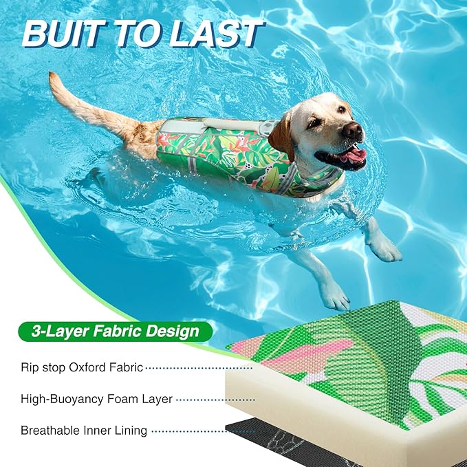 VIVAGLORY Sports Style Dog Life Vest, Dog Life Jacket for Swimming & Boating, Ripstop & Buoyancy for Puppy Doggy, Lifejacket with Handle, S, Floral
