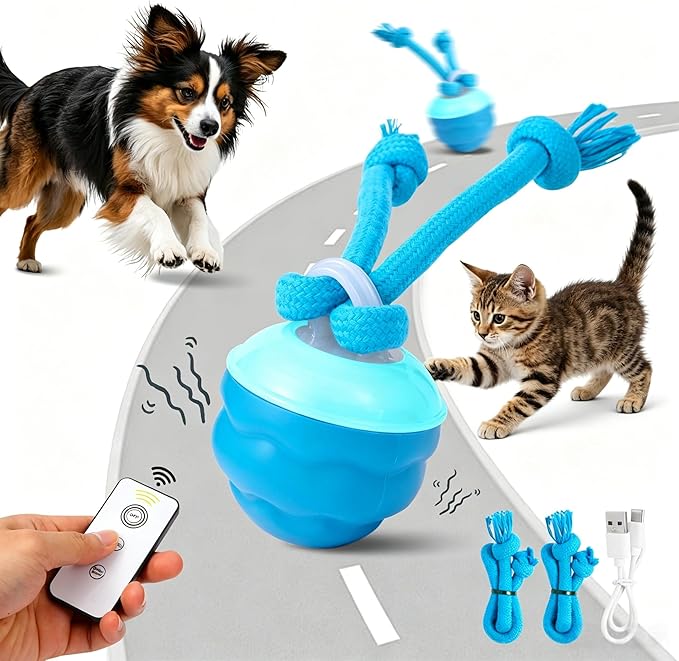 Interactive Dog Toys with Remote Control - 4 Play Modes, Obstacle Avoidance & Replaceable Chew-Resistant Rope, USB Rechargeable Automatic Moving Ball, Mental Stimulation for Small Medium Dogs or Cat