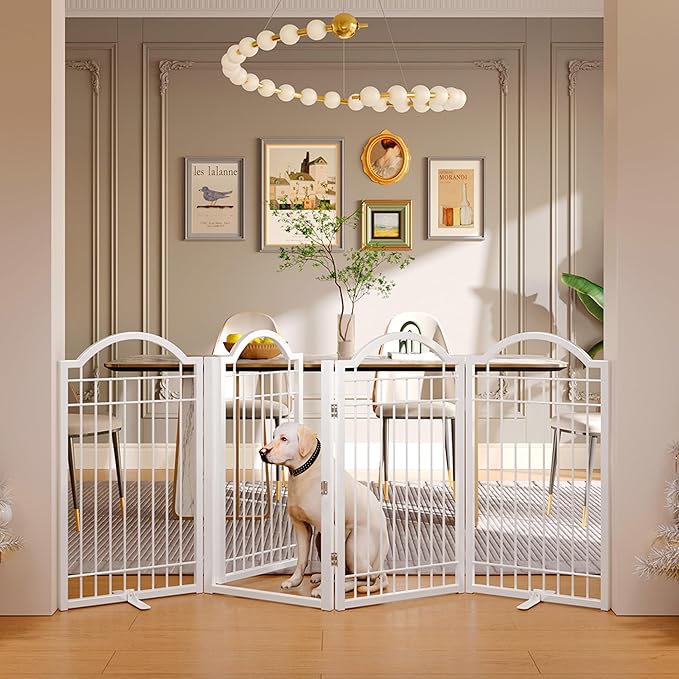 BHG Metal No-Assembly Freestanding Dog Gate with Door Walk Through, Extra Wide 80", Extra Tall 30" Pet Gate, Accordion Puppy Folding Playpen Dog Fence for Indoor & Outdoor, with 2PCS Support - White
