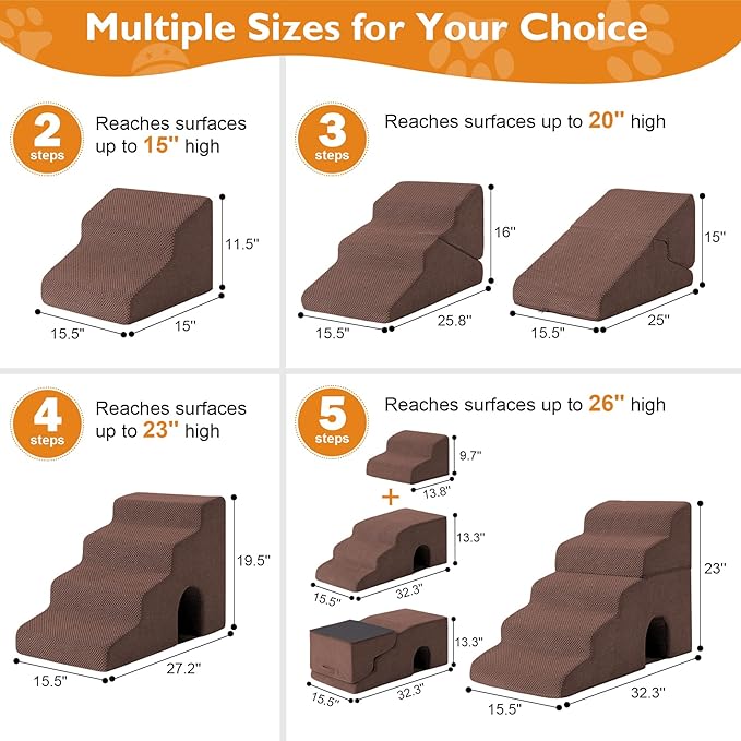 Dog Stairs for Small Dogs 16’’ H, 3-Step Dog Steps for Bed, Foldable Pet Stairs and Ramp for Dogs and Cats to Get on Beds, Couch, Non-Slip Balanced Pet Steps with Waterproof Cover, Brown