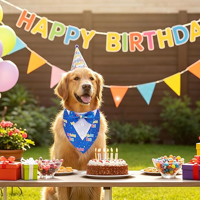 ADOGGYGO Birthday Boy Dog Tuxedo Bandana, Blue Collar with Bow Tie, Adjustable Formal Birthday Costume for Large Dogs (L)