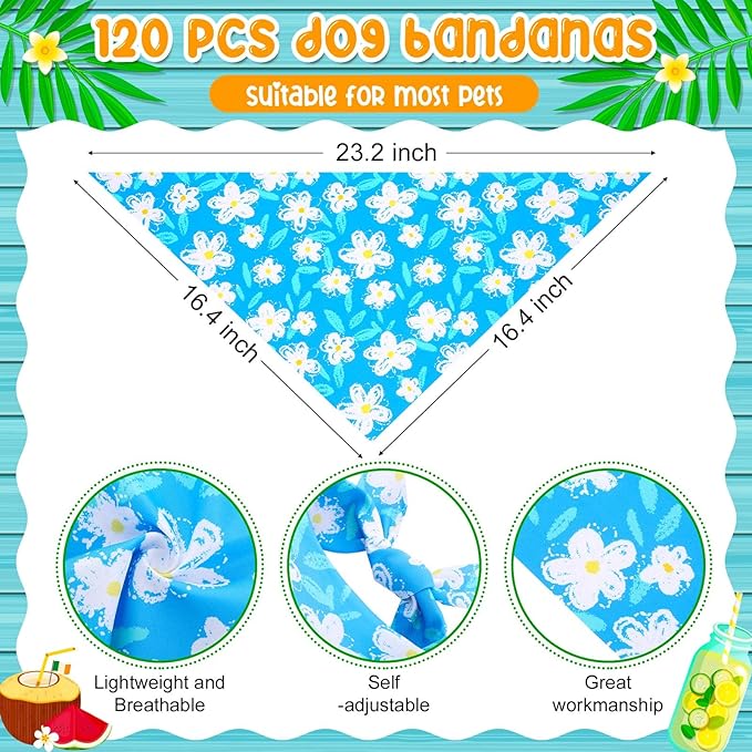 Sanwuta 120 Pcs Summer Bandanas for Dogs Bulk Hawaiian and Fruit Dog Triangle Bandanas Washable Pet Scarves Adjustable Bibs for Small and Medium Pets, 30 Styles