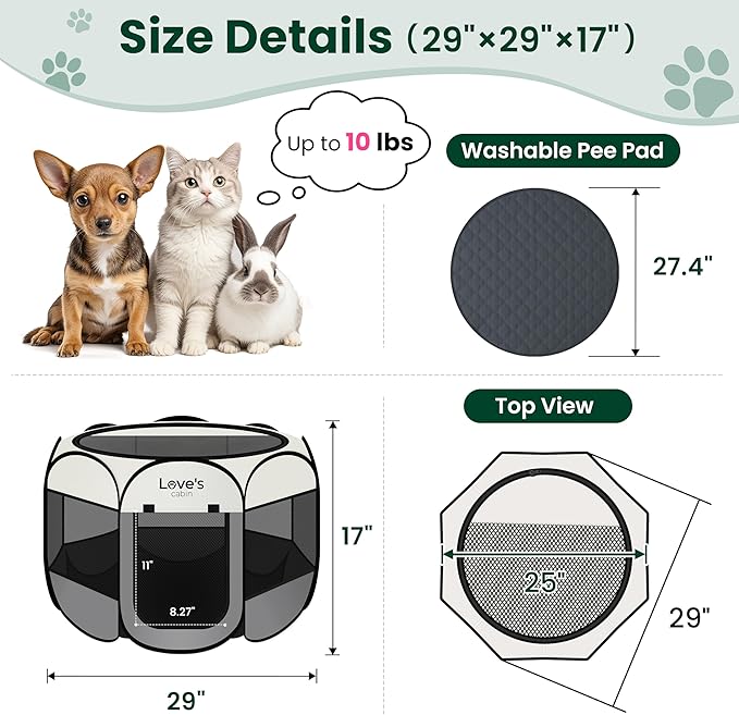 Love's cabin Dog Playpen with Washable Pee Pad, Puppy Pet Cat Playpen Small Dogs Tent Crate Indoor/Outdoor, Portable Pop Up Kennel with Carrying Case for Cats/Rabbits(Grey,Small with pad)