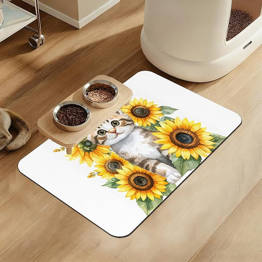 Cute Cat Sunflower Pet Feeding Mat for Floors–Absorbent Quick Dry Dog Cat Bowl Mat for Food and Water, Non Slip Waterproof Base, Mess-Free Feeding Accessories 12"x20"