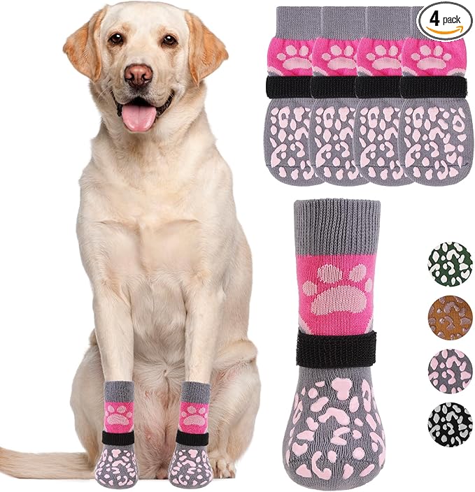 KOOLTAIL Dog Socks for Hot/Cold Pavement to Prevent Licking Paws Scratching,Anti Slip Pet Boots&Paw Protector for Hardwood Floor,Traction Control Grip Booties for Small Medium Large Senior Dogs PinkXL