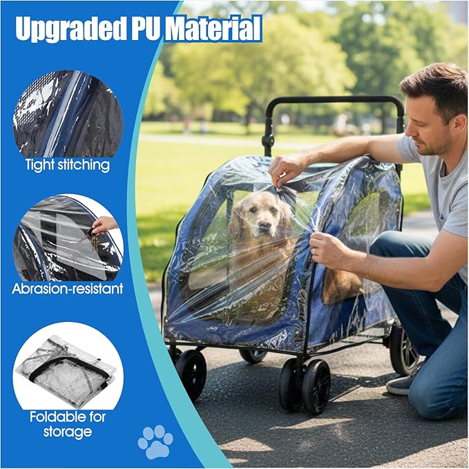 Pet Stroller Rain Cover PU Waterproof Windproof Clear Foldable Shield for Dog and Cat Strollers Outdoor Use (B)