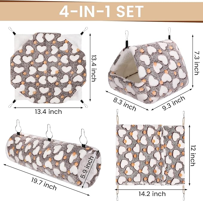 MCEAST 4 Pieces Small Pets Cage Accessories Hanging Hammock Sleeping Bag Tunnel and Bed Hideout Set Warm Sleep Nap Sack Bed for Hamster Ferret Squirrel Rabbit, Coffee Hearts