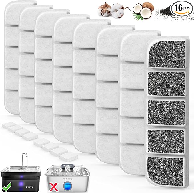 SIBAYS 8 Pack Dog Water Fountain Filters Replacement for SIBAYS 355oz/2.8Gal/10.5L Large Dog Water Fountain(FS70), Made of Activated Carbon and PP Cotton, Food Grade Water Fountain Filters(Model: L07)