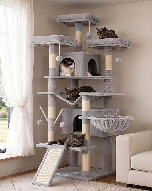 Hey-brother Cat Tree, 71 inches XL Large Cat Tower for Indoor Cats, Multi-Level Cat House with 3 Padded Perches, Big Scratcher, Cozy Basket, 2 Cat Condos and Scratching Posts, Light Gray MPJ034W