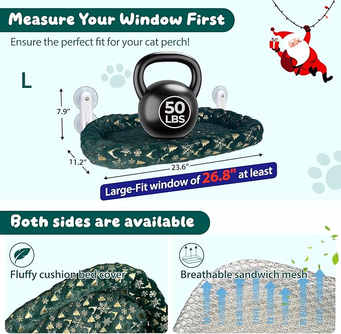 L&W BROS. 2-Pack Foldable Cat Window Perches with Christmas Cushion Bed Easy to Assemble Cats Hammock for Window, Warm Indoor Cat Beds for Large Cats, Edition(L Green)