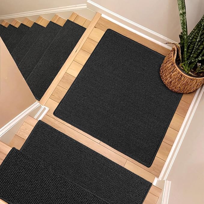 Brakki Bullnose Carpet Stair Treads, Non Slip Landing Mat for Wooden Steps Indoor, Soft Stair Rugs for Pets, Indoor Doormat for Kitchen Bathroom, Washable, 30"x30" 1pc, Black