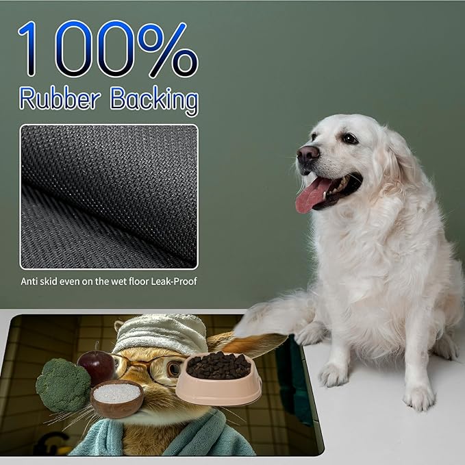 Dog Food Mat, 19.6" x 23.6" Absorbent Pet Feeding Mat for Food and Water, Waterproof Diatom Mud Pet Placemat with Non-Slip Rubber Backing, Easy Clean Cat Bowl Mat for Floors - Glasses Rabbit