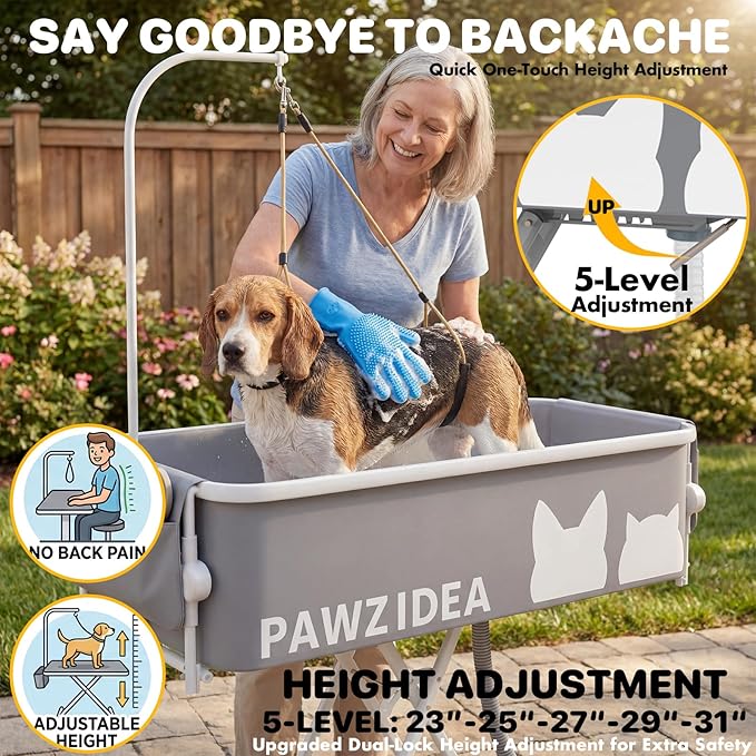 PAWZIDEA 2-in-1 Portable Dog Bathtub & Grooming Table for Medium to Large Dogs up 150lb, 43" Foldable Dog Washing Station, 5-Height Adjustable Elevated Pet Shower Bath, 1.8" Fast Drain, Indoor Outdoor