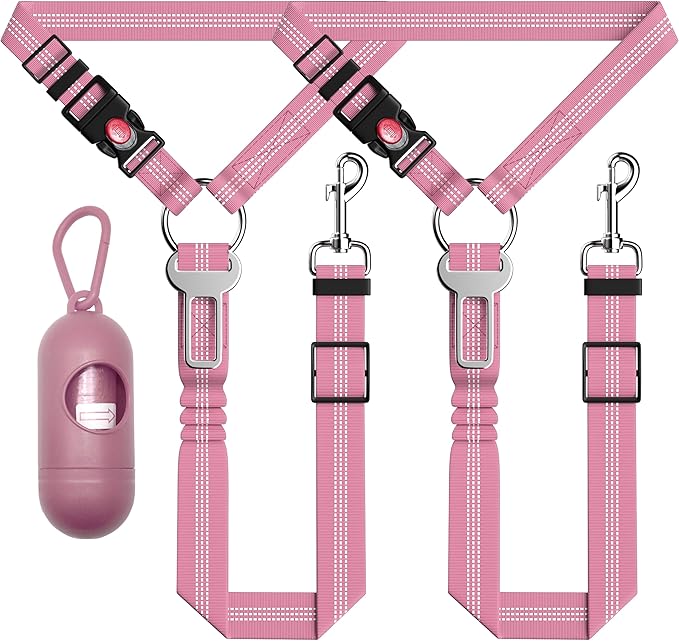 Seyezo 3-Piece Dog Car Harness Set - Retractable, Adjustable, Reflective Dog Seatbelt for Vehicle Headrests - Heavy Duty & High Elastic, Pink