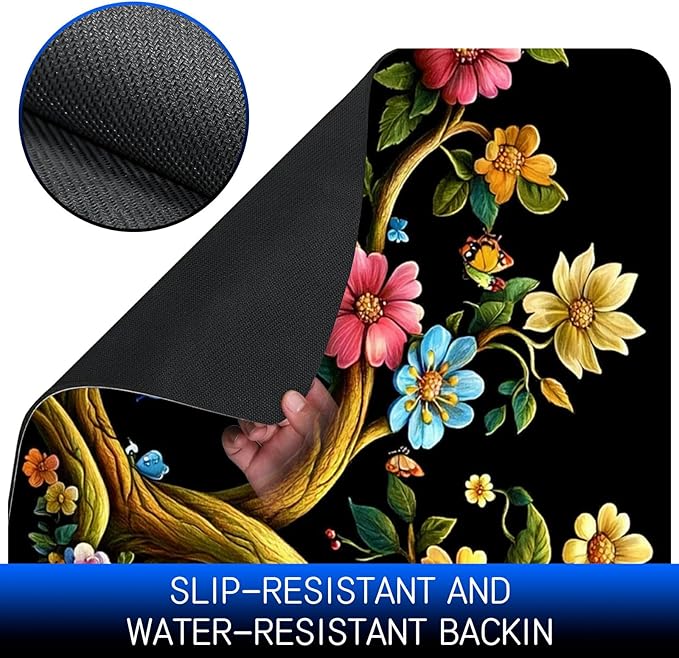 Dog Food Mat, 19.6" x 23.6" Absorbent Pet Feeding Mat for Food and Water, Waterproof Diatom Mud Pet Placemat with Non-Slip Rubber Backing, Cat Bowl Mat for Floors - Black Flower Tree