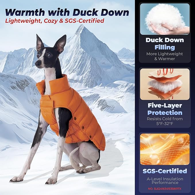 SPACE LION Dog Puffer Jacket, Down Winter Coat, Durable Outdoor Coat for Cold and Windy Conditions, Lightweight & Adjustable Fit Coats for Medium & Large Dogs, (Orange, Size20/XL)