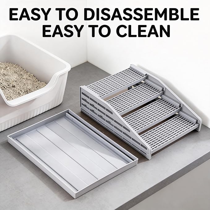 Cat Litter Box Step Ramp with Litter Catcher Adjustable Litter Trapping Cat Stairs Non-Slip Trapping Mat for Kittens and Senior Cats, Washable (Gray, Large)
