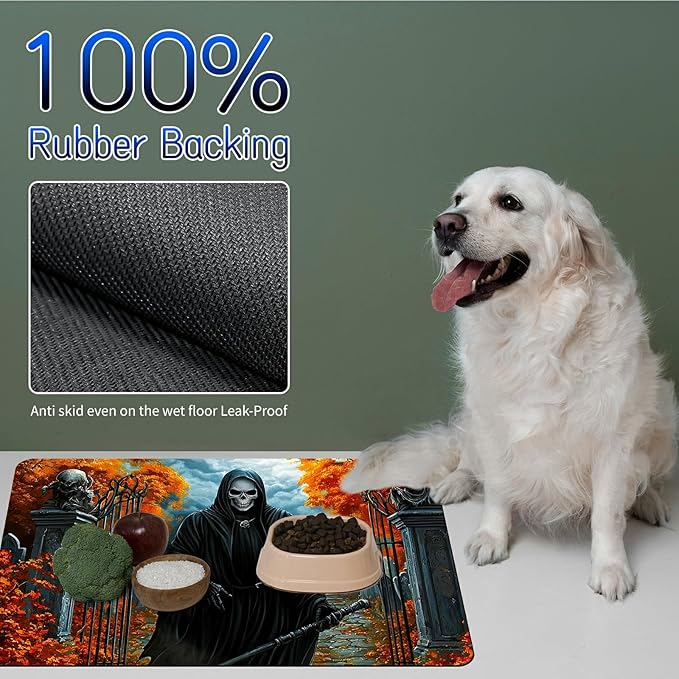 Dog Food Mat, 19.6" x 23.6" Absorbent Pet Feeding Mat for Food and Water, Waterproof Diatom Mud Pet Placemat with Non-Slip Rubber Backing, Easy Clean Cat Bowl Mat for Floors - Maple Skull