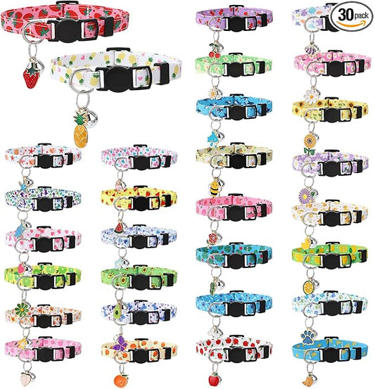 30Pcs Breakaway Cat Collars with Bells and Pendants Adjustable Floral Fruit Cat Collars Safety Kitten Collar for Girl Boy Cats, Multicolor