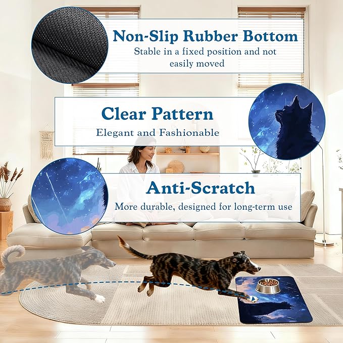 Starry Night Cat Dog Food Mat–Absorbent Quick Dry Feeding Placemat for Food and Water Bowls, Non Slip Rubber Backing, Waterproof Pet Supplies for Mess-Free Eating 12"x20"