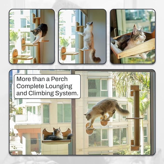 4-in-1 Window & Wall Mount Cat Wall Shelves – Hammock, Steps & Scratching Post with Landing | Space-Saving Pet Furniture for Glass & Drywall | Modern Cat Window Perch | Fits up to 40 lbs