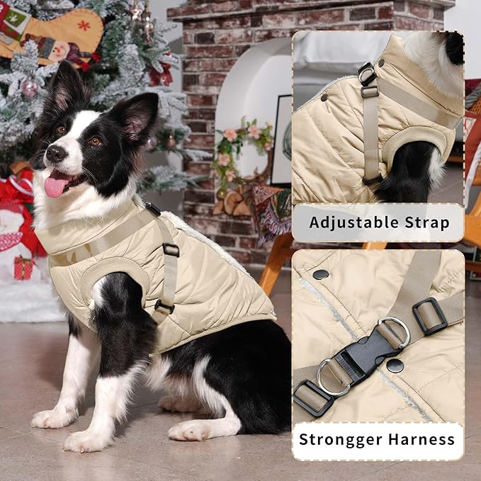 JoyDaog Dog Jacket with Harness,Fleece Lined Warm Puppy Coat for Winter,Soft Windproof Large Dog Vest,Khaki XXXL