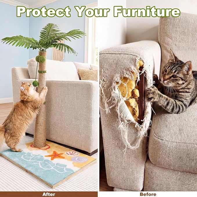 Tall Cat Scratching Post for Indoor Cats Adults, 33'' Large Cat Scratch Post with Perch, Cute Cat Scratching Post with Boho Carpet ＆ Dangling Ball Toys, White