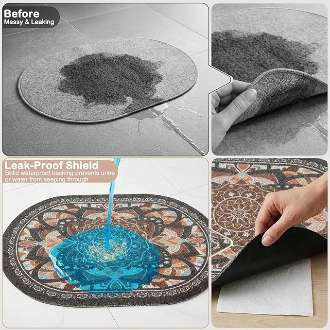 Bienbee Cat Litter Mat, 33" x 22" Large Size Litter Box Mat Rug with Non-Slip Bottom,Urine and Water Proof, Easy to Clean Cat Supplies Essentials for Indoor Kitty Kitten Floor,Deep Brown Flowers L